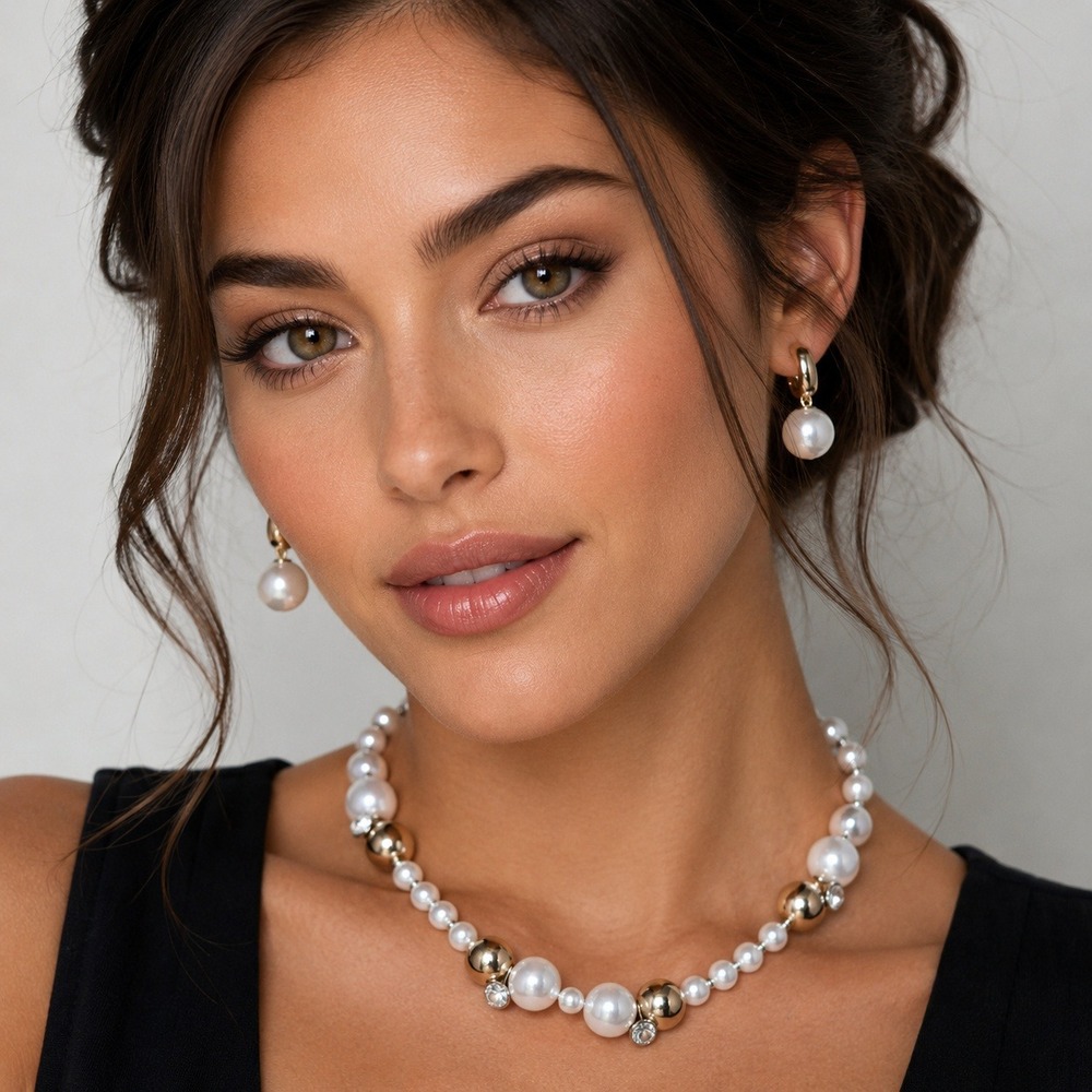Open Edit Pearl Necklace Earring Set Coquette Princess Prom Bridal Glam Y2K Gold